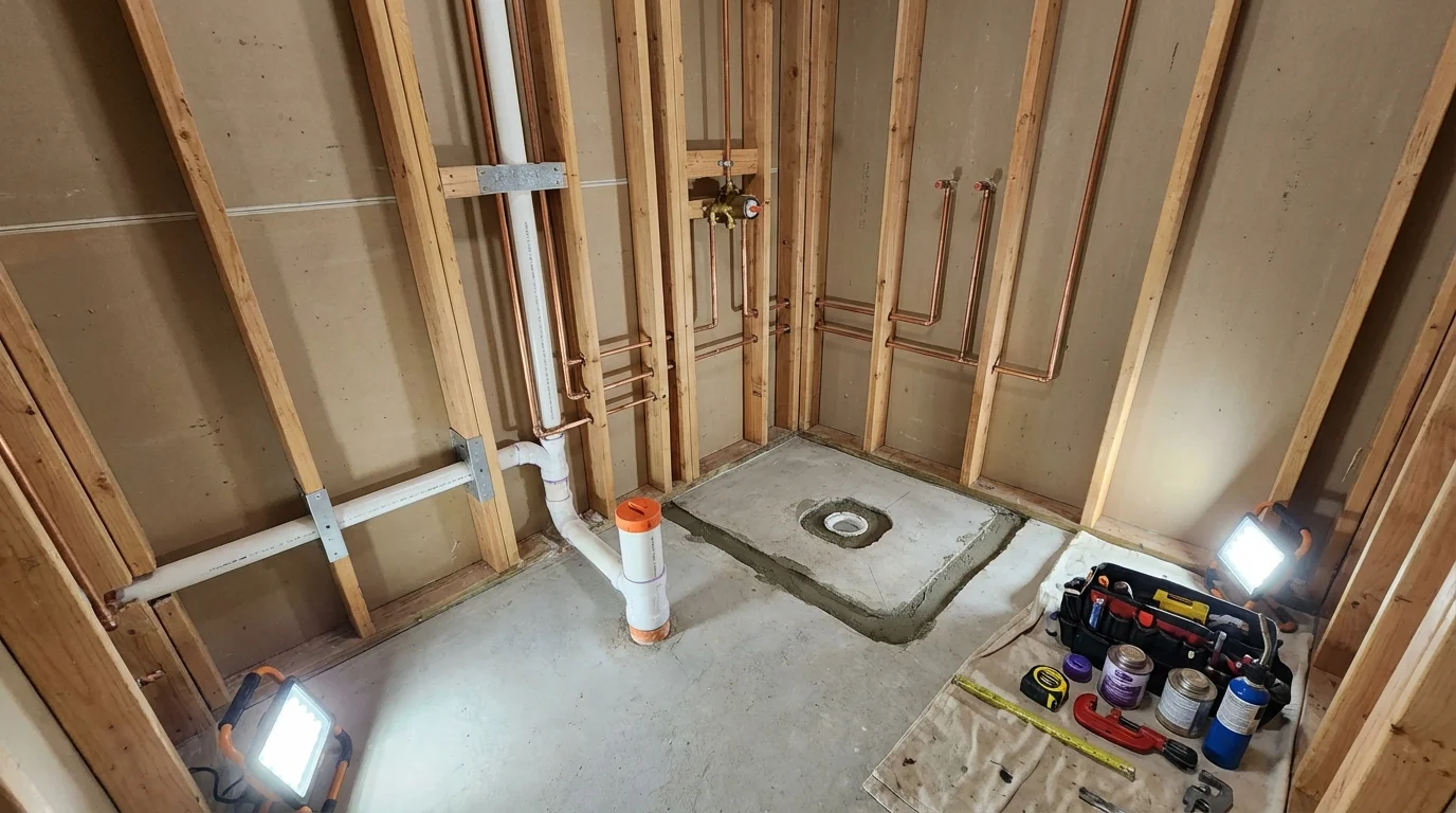 Bathroom rough-in plumbing during remodel by Johns Plumbing LLC in Haskell
