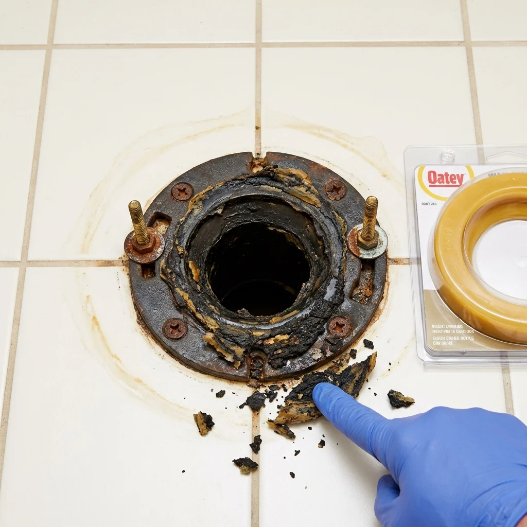 Failed wax ring showing water seepage at the base of a toilet in a Haskell, TX home