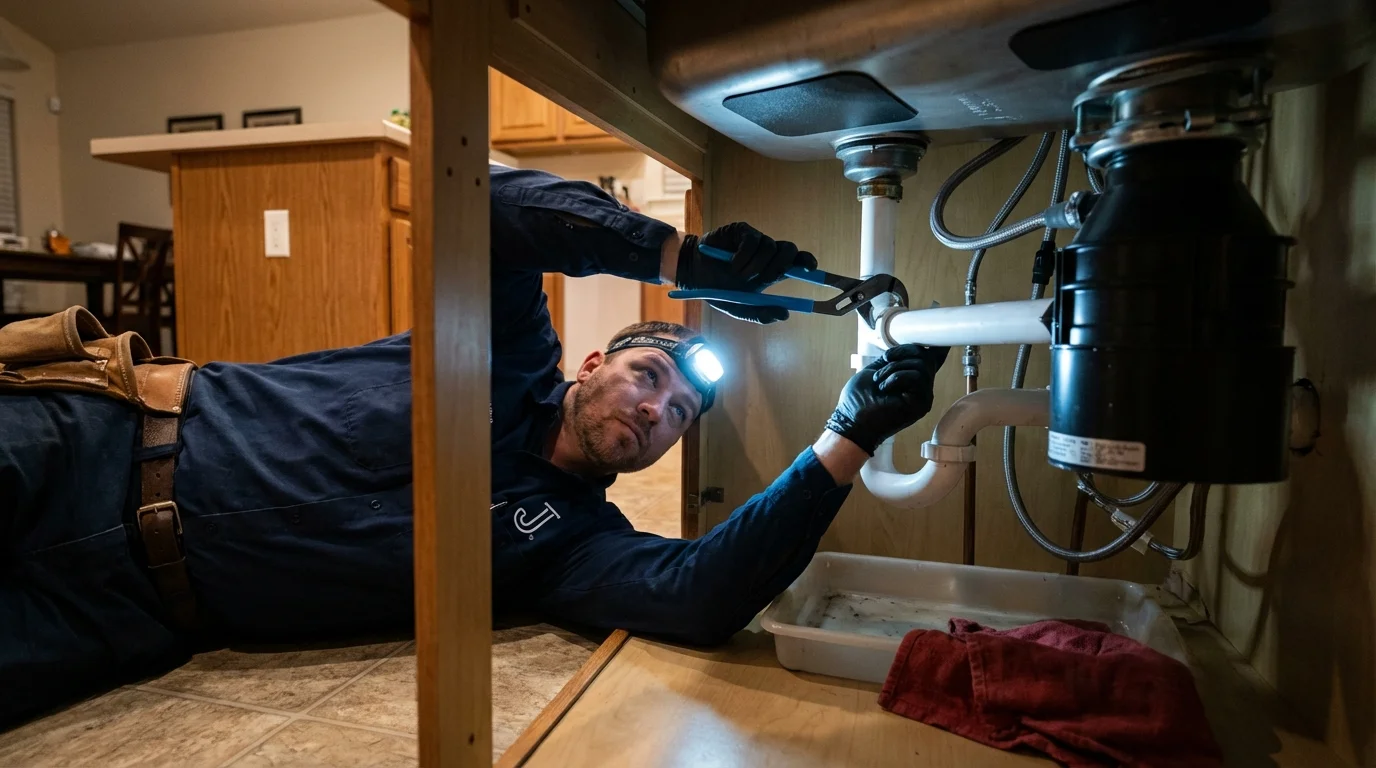 P-trap and supply line connections under a kitchen sink showing a common leak point in Haskell, TX